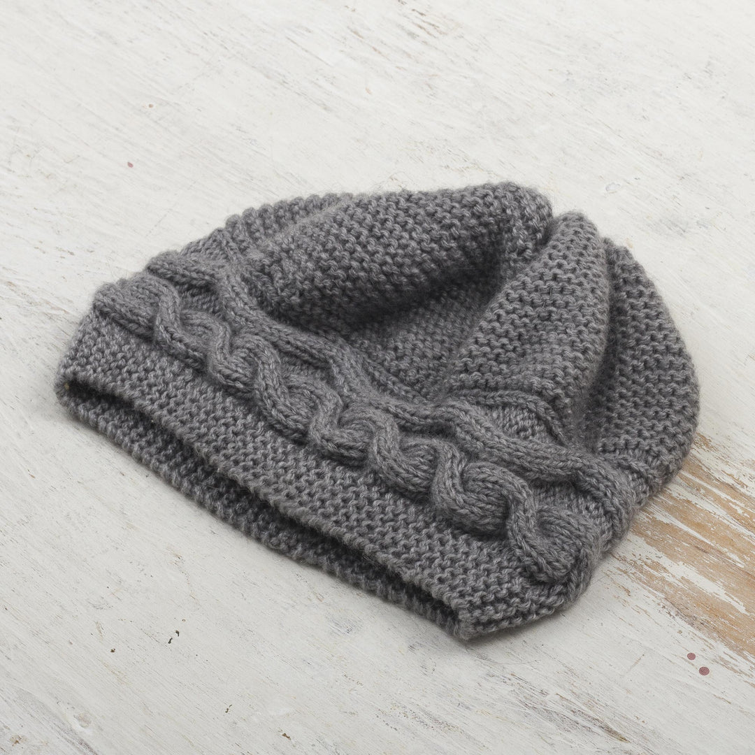 Hand-Knit Grey Alpaca Blend Cozy Winter Hat - Gentle Grey Waves