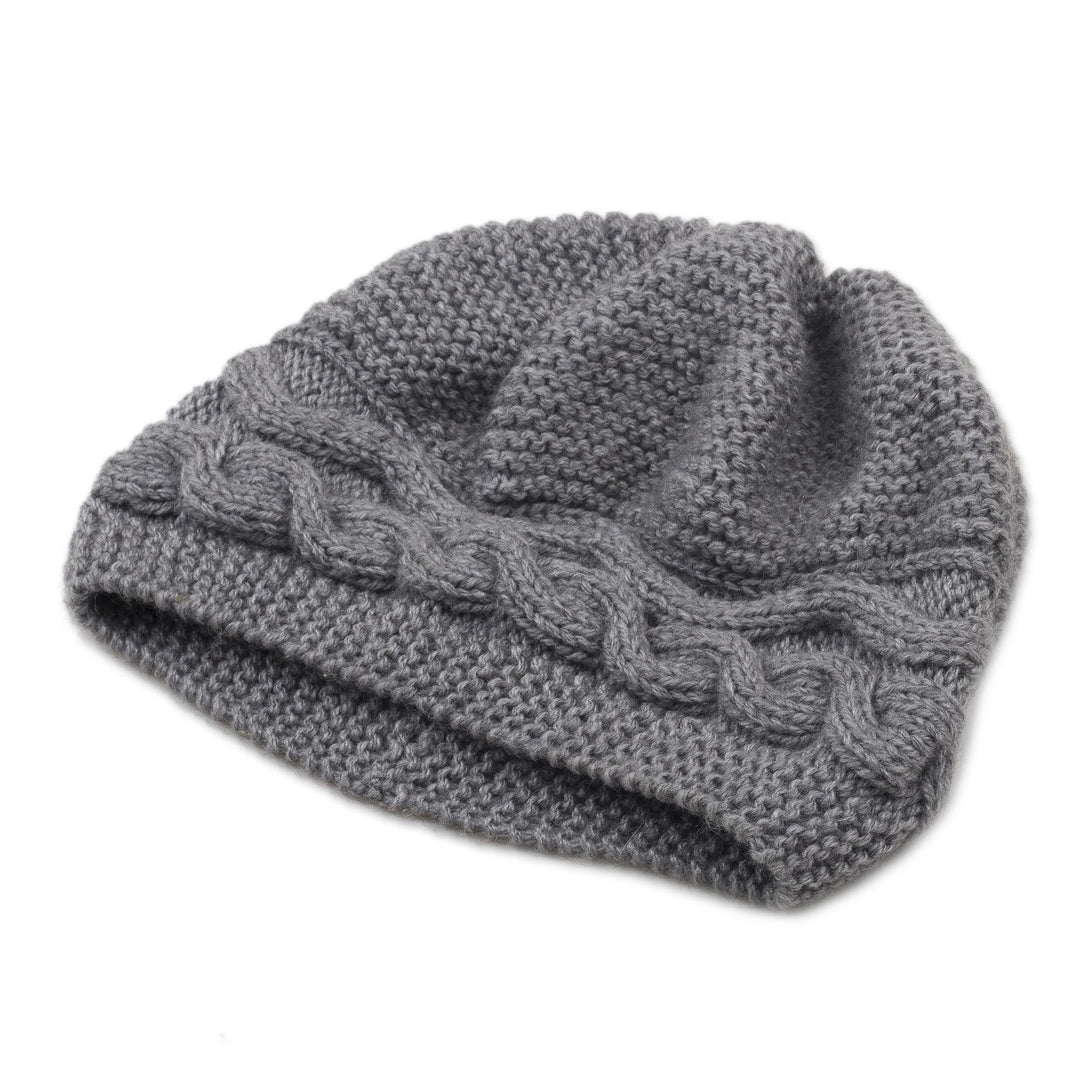 Hand-Knit Grey Alpaca Blend Cozy Winter Hat - Gentle Grey Waves