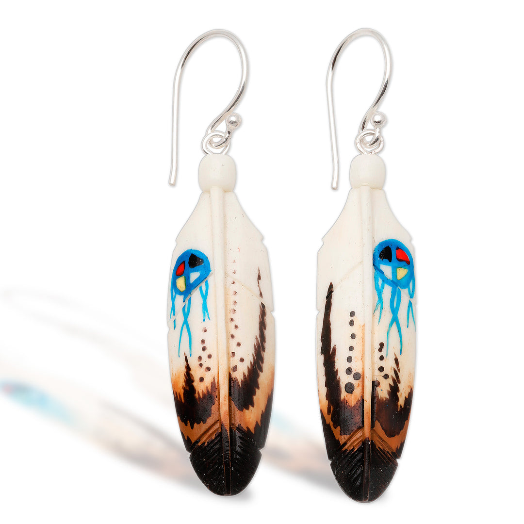 Handcrafted Carved Bone Painted Feather Theme Earrings - Fanciful Feathers