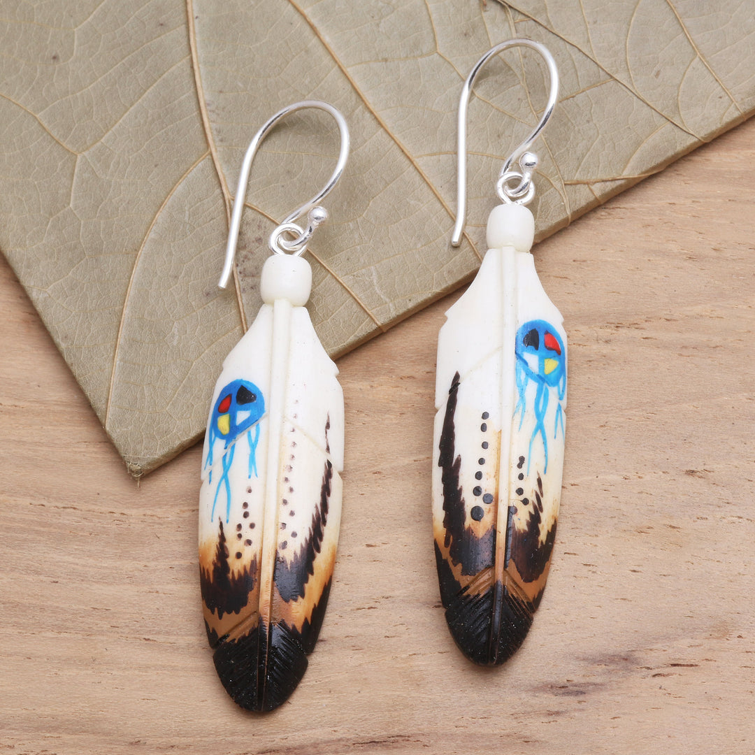 Handcrafted Carved Bone Painted Feather Theme Earrings - Fanciful Feathers