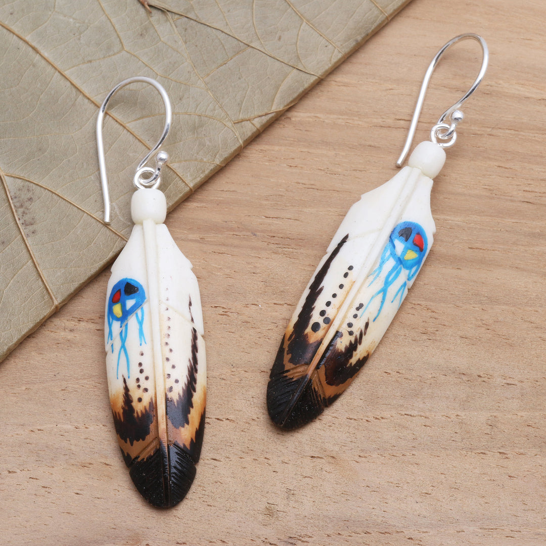 Handcrafted Carved Bone Painted Feather Theme Earrings - Fanciful Feathers