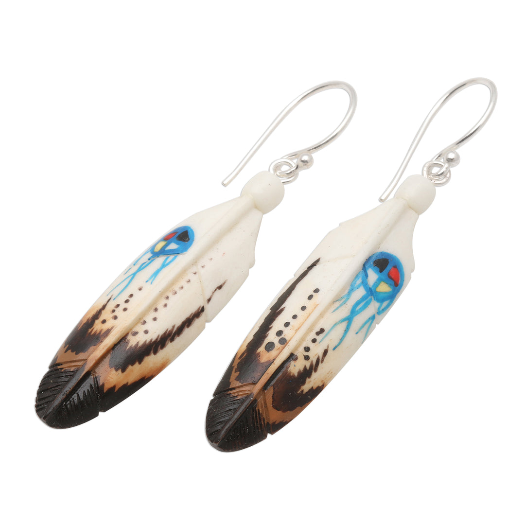 Handcrafted Carved Bone Painted Feather Theme Earrings - Fanciful Feathers