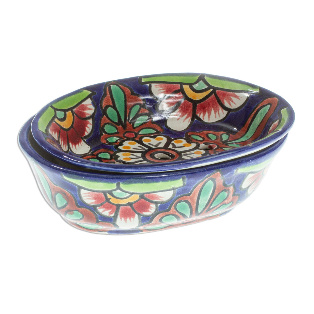 Hand Crafted Talavera-Style Soap Dish - Blue Bouquet