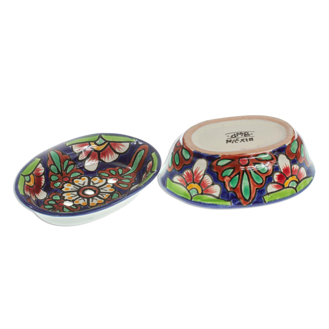 Hand Crafted Talavera-Style Soap Dish - Blue Bouquet
