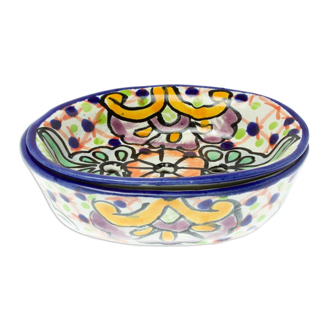 Talavera-Style Ceramic Soap Dish from Mexico - Hidalgo Bouquet