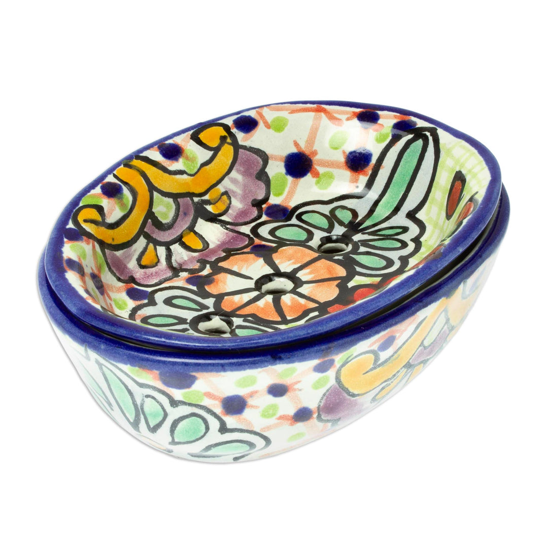 Talavera-Style Ceramic Soap Dish from Mexico - Hidalgo Bouquet