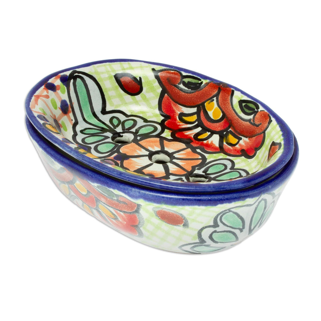 Talavera-Style Ceramic Soap Dish from Mexico - Hidalgo Bouquet