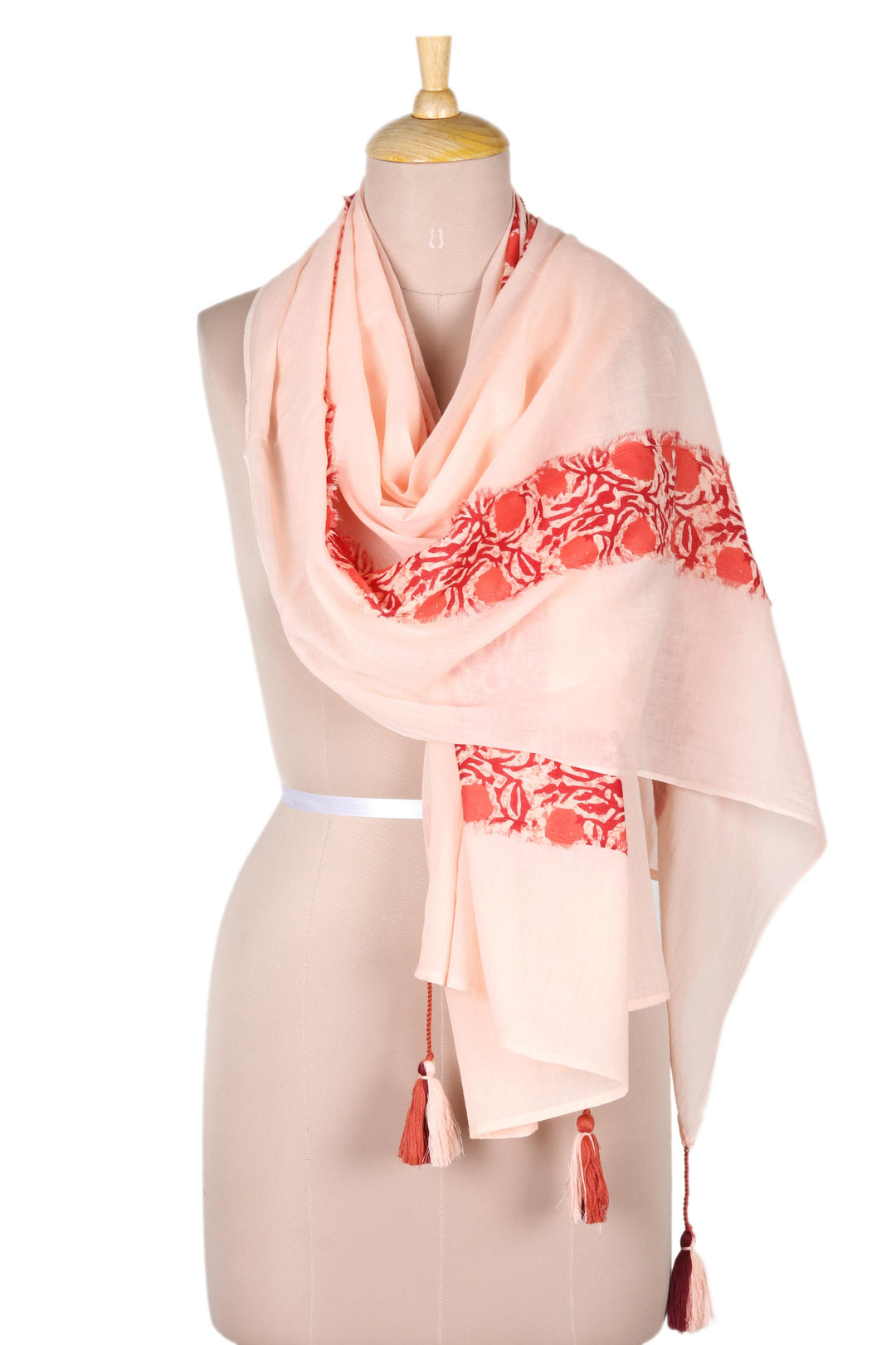Screen Printed Cotton Shawl from India - Cherry Flowers