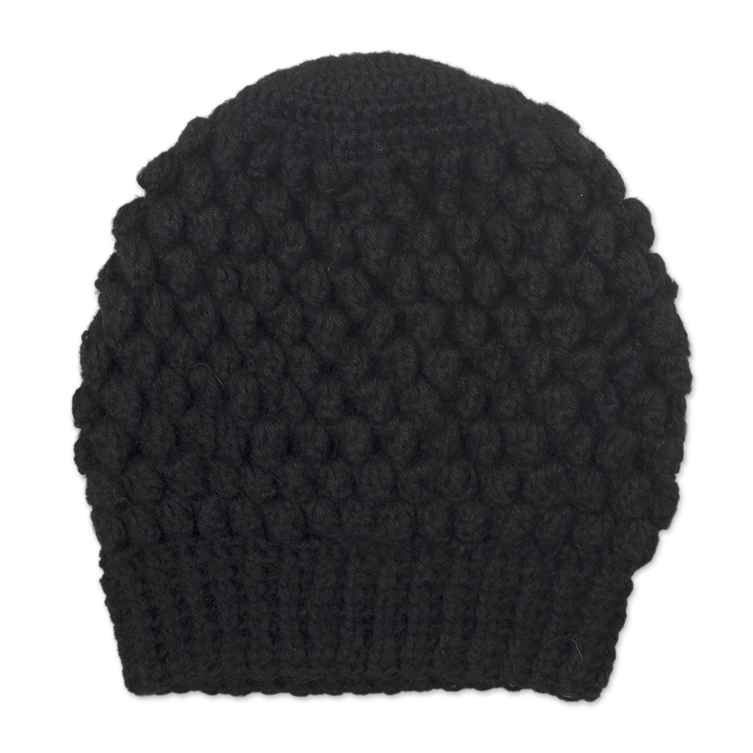 Hand-Crocheted Bubble Pattern Black Alpaca Cozy Winter Hat - Bubbly Black