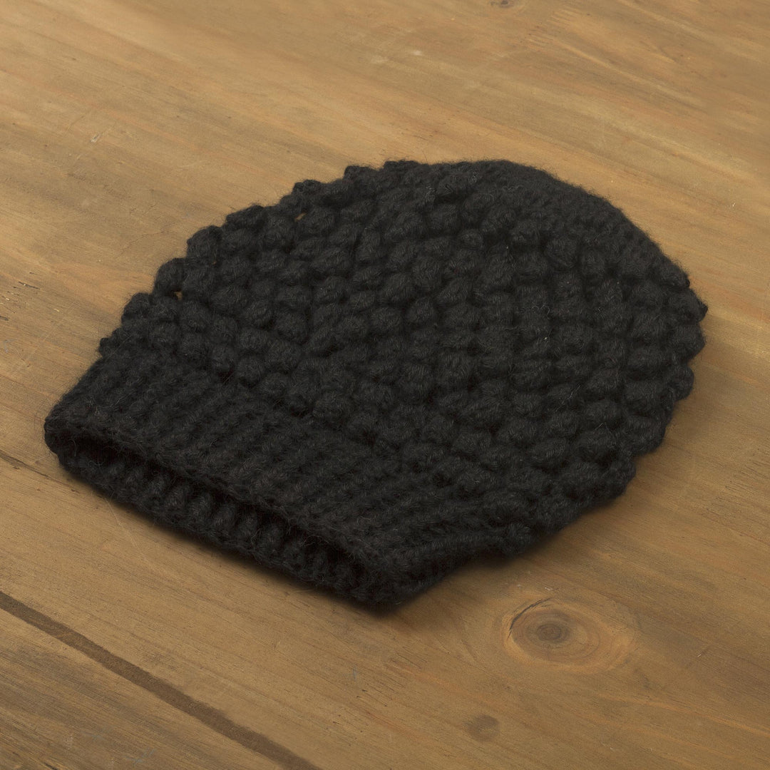Hand-Crocheted Bubble Pattern Black Alpaca Cozy Winter Hat - Bubbly Black