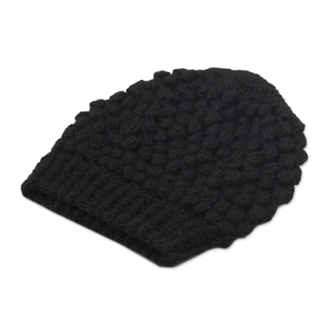 Hand-Crocheted Bubble Pattern Black Alpaca Cozy Winter Hat - Bubbly Black