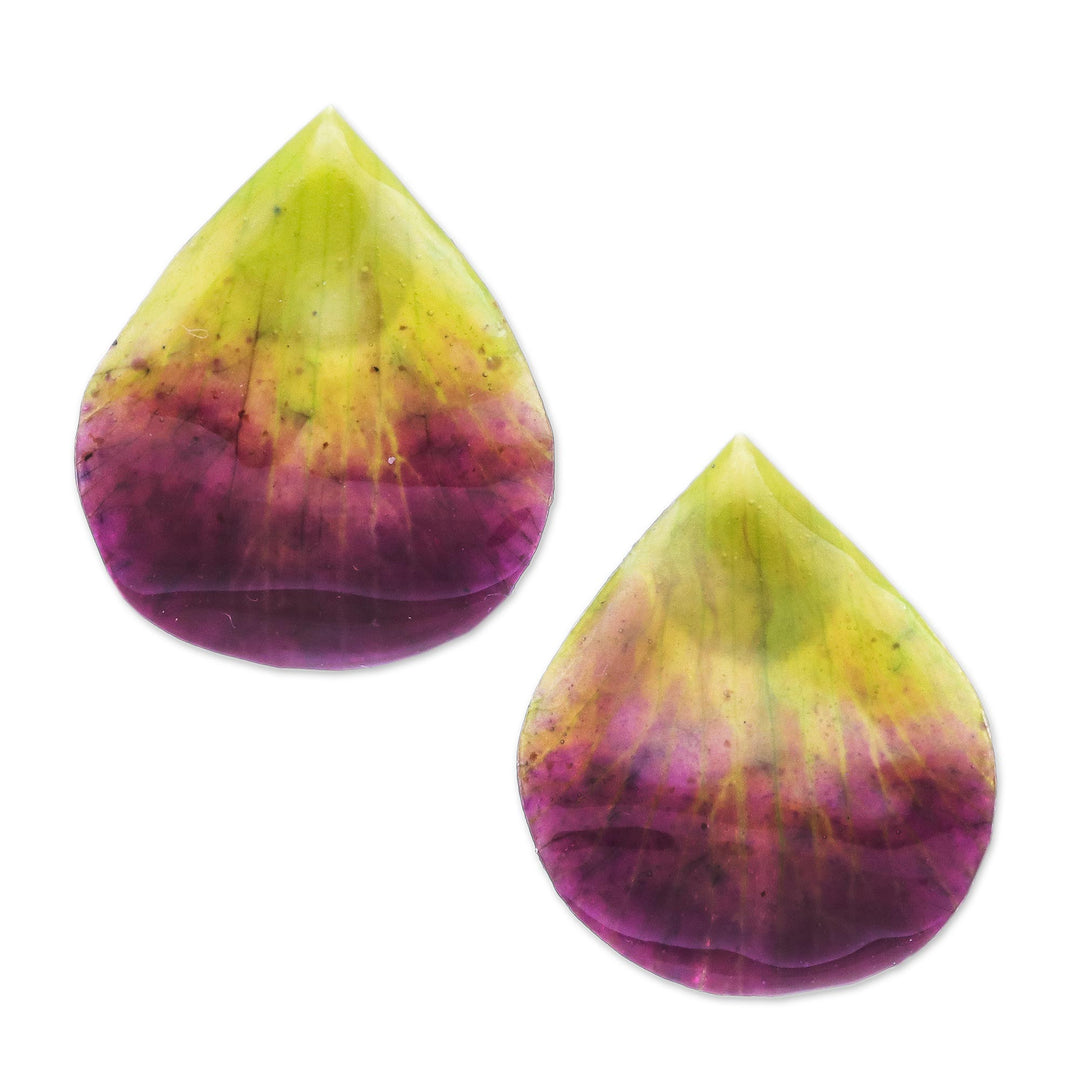 Hand Made Orchid Petal Button Earrings - Orchid Kiss in Green