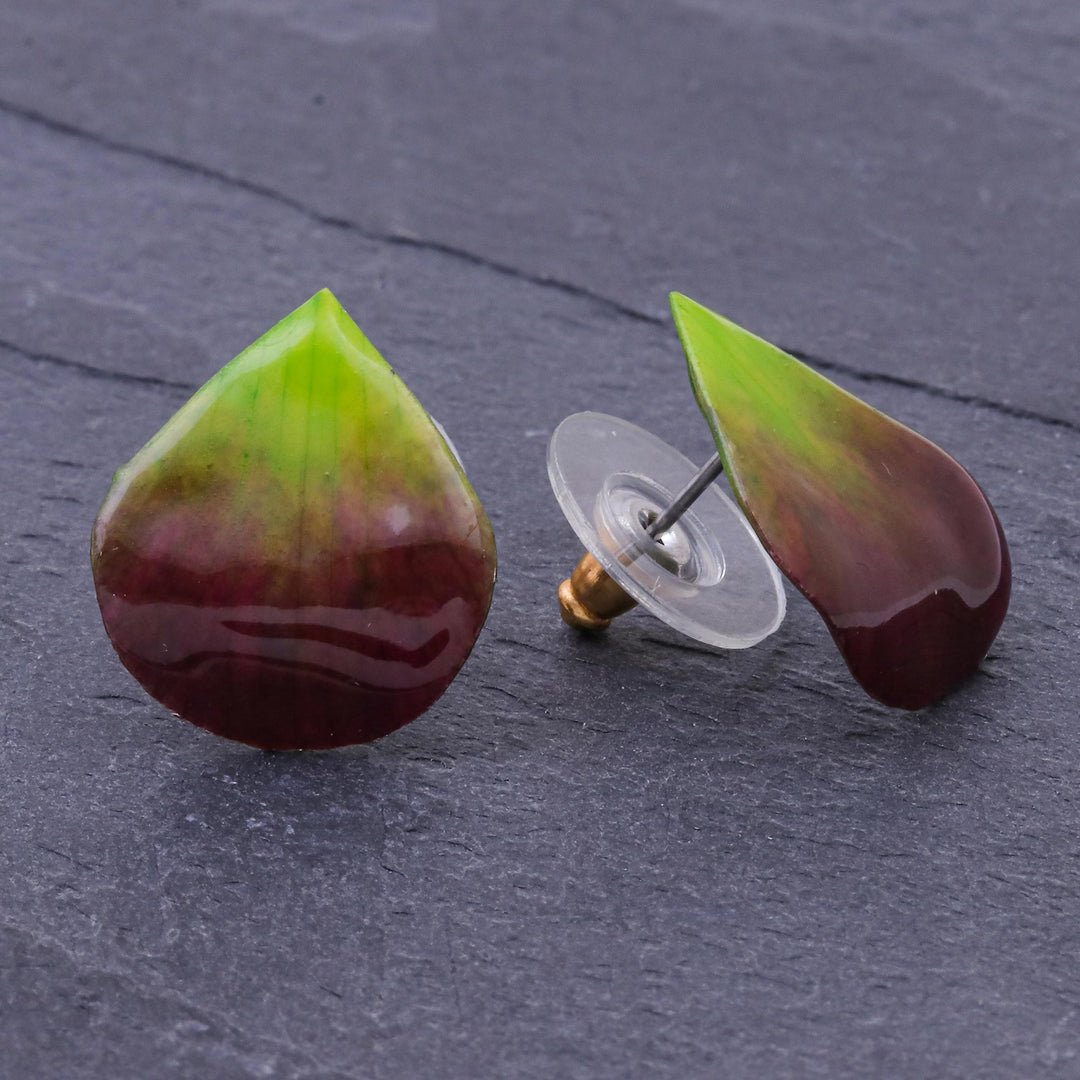 Hand Made Orchid Petal Button Earrings - Orchid Kiss in Green