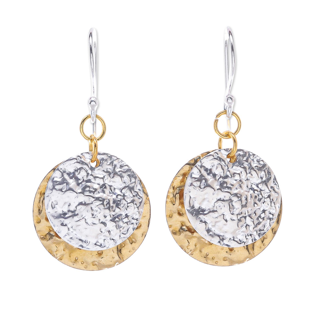 Handmade Sterling Silver Plated and Brass Dangle Earrings - Gold and Silver Coin