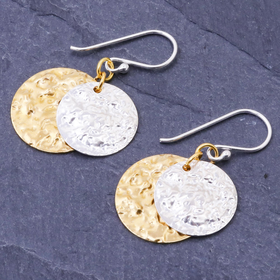 Handmade Sterling Silver Plated and Brass Dangle Earrings - Gold and Silver Coin