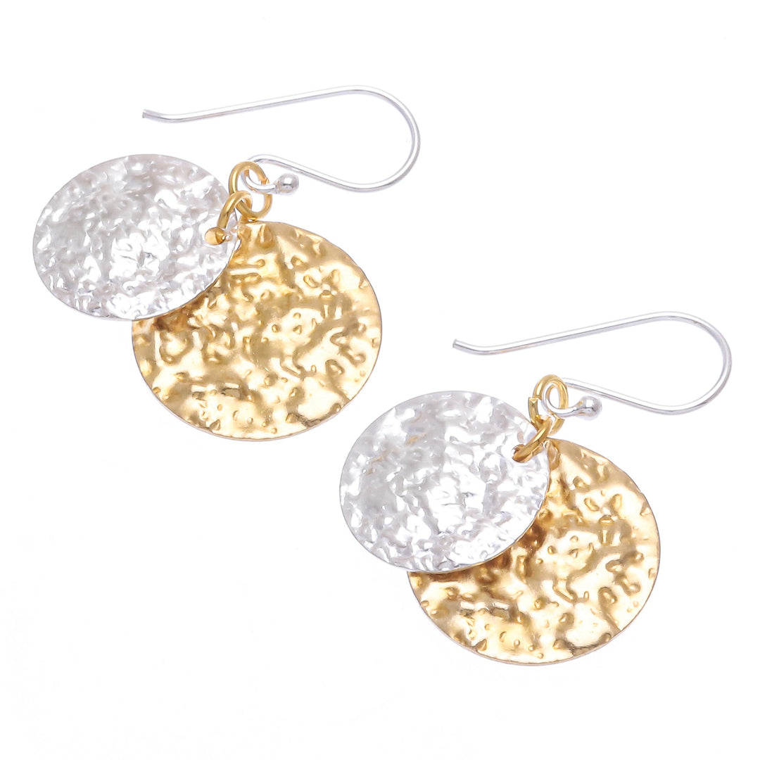 Handmade Sterling Silver Plated and Brass Dangle Earrings - Gold and Silver Coin