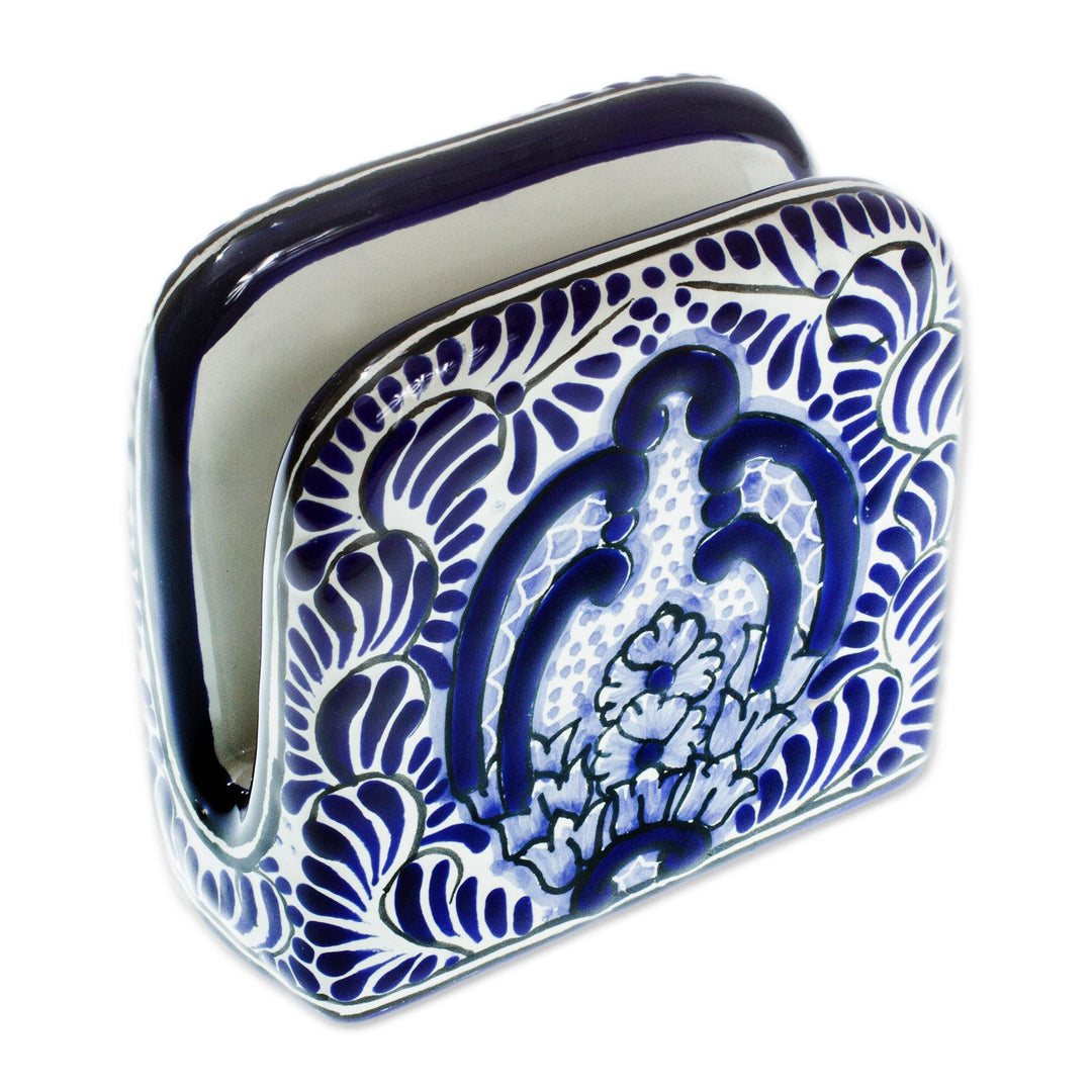 Blue and White Talavera Style Ceramic Napkin Holder - Puebla Kaleidoscope