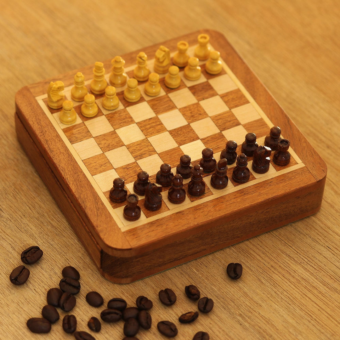 Hand Carved Wood Mini Travel Chess Set - Traveling with Royalty