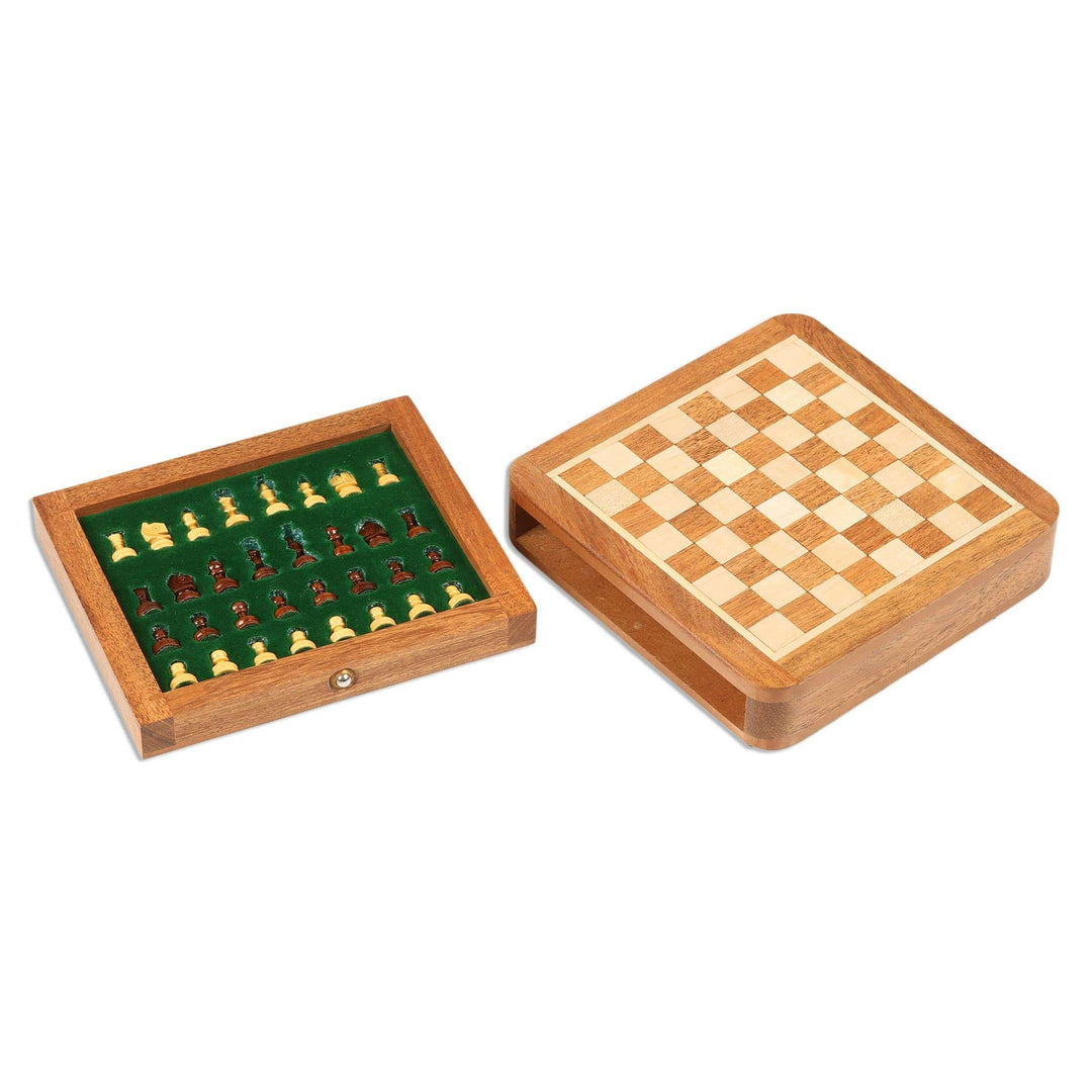 Hand Carved Wood Mini Travel Chess Set - Traveling with Royalty