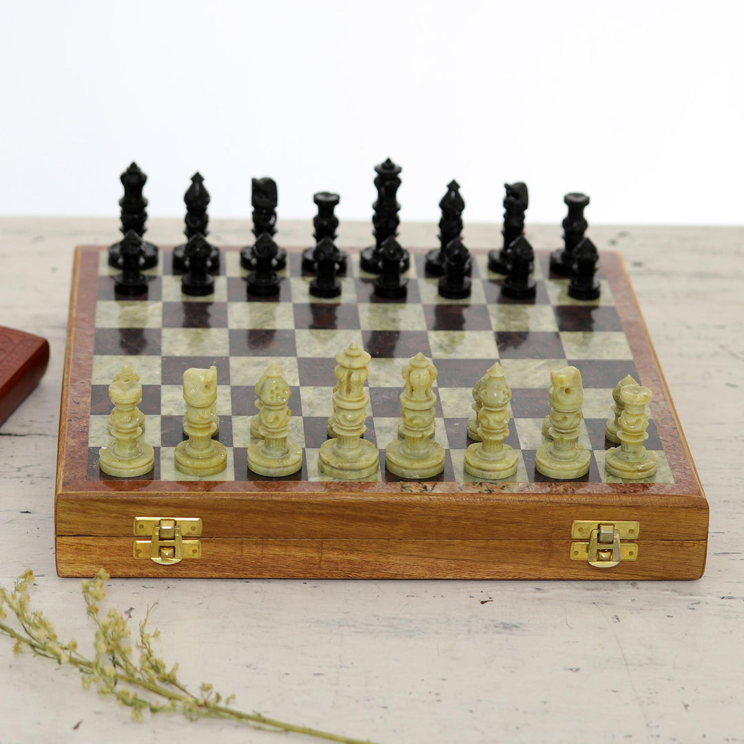 Soapstone Self-Storing Chess Set from India - Royal Charm