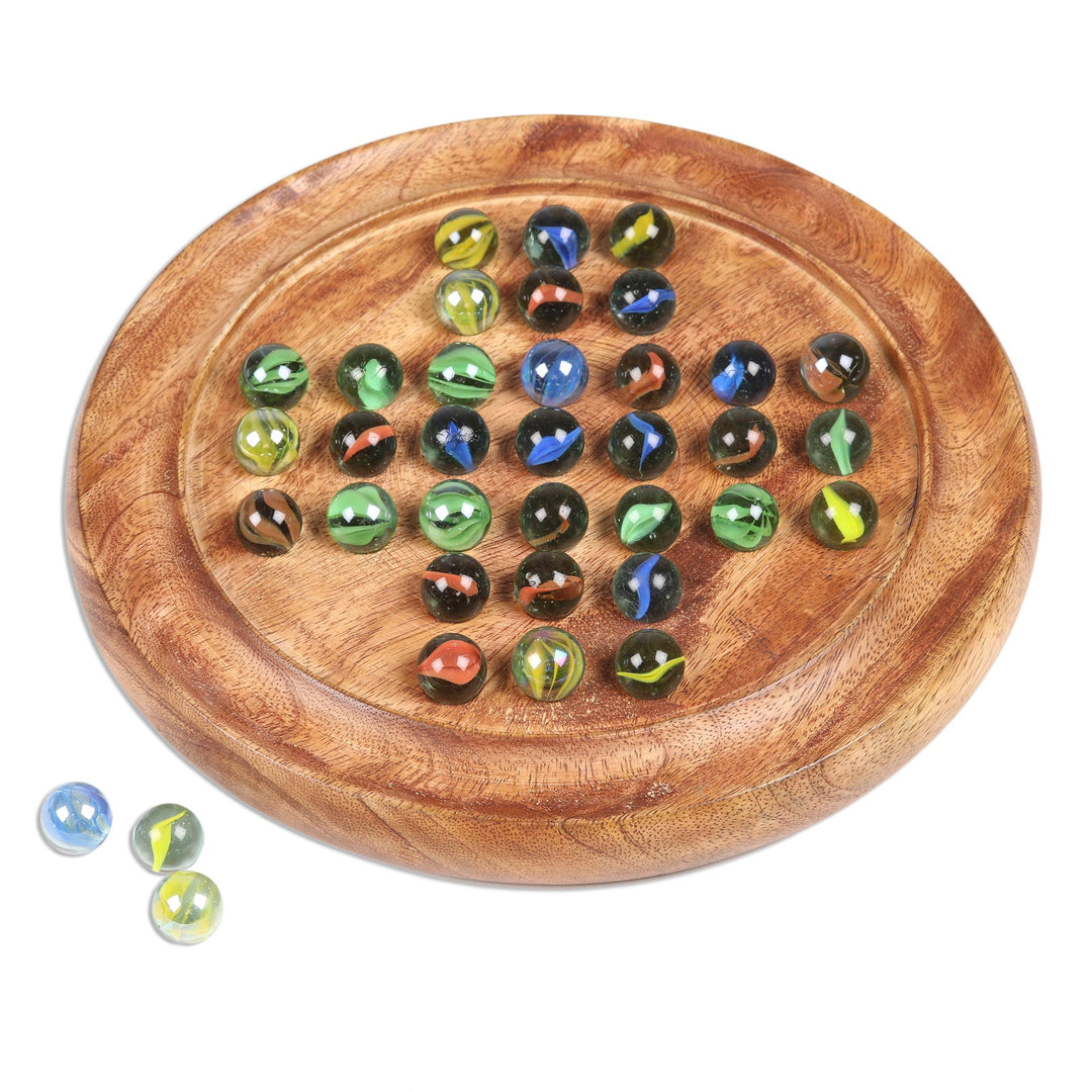 Hand Carved Mango Wood Solitaire Marble Board Game - Game of Patience