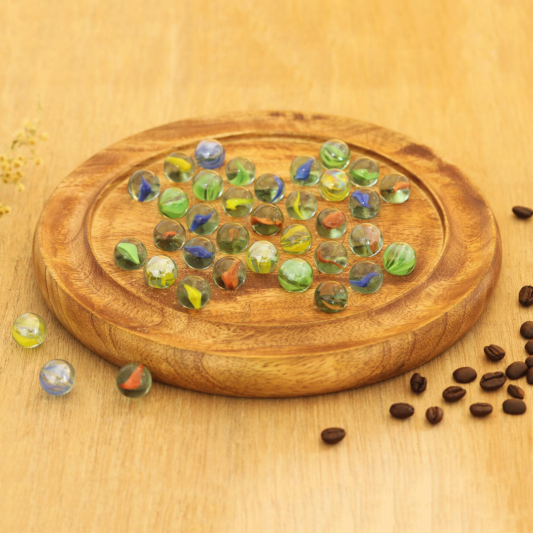 Hand Carved Mango Wood Solitaire Marble Board Game - Game of Patience