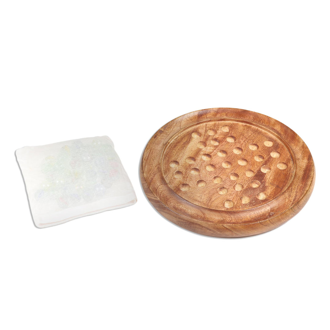 Hand Carved Mango Wood Solitaire Marble Board Game - Game of Patience