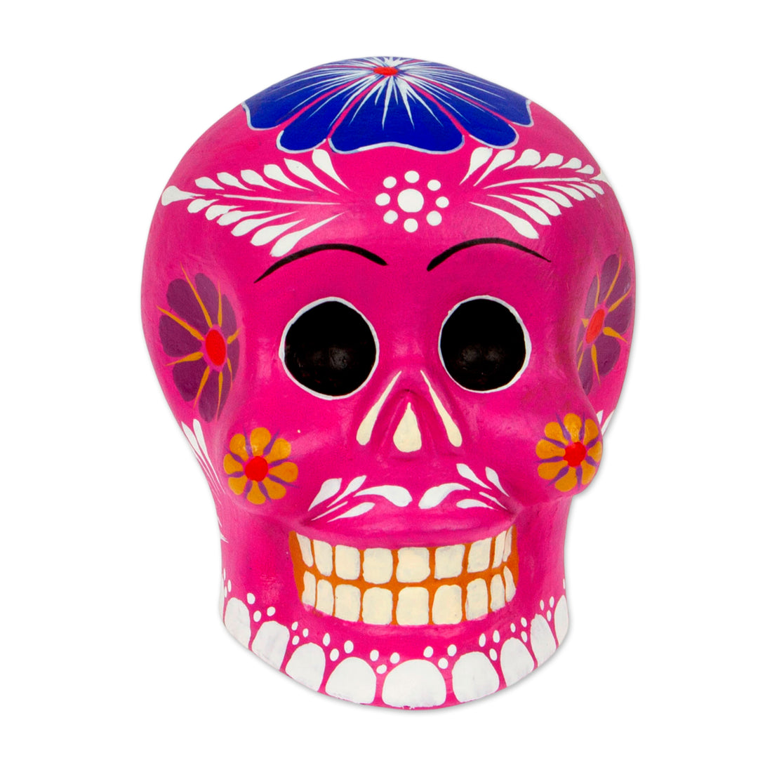 Fuchsia Ceramic Floral Day of the Dead Figurine - Fuchsia Skull with Flowers