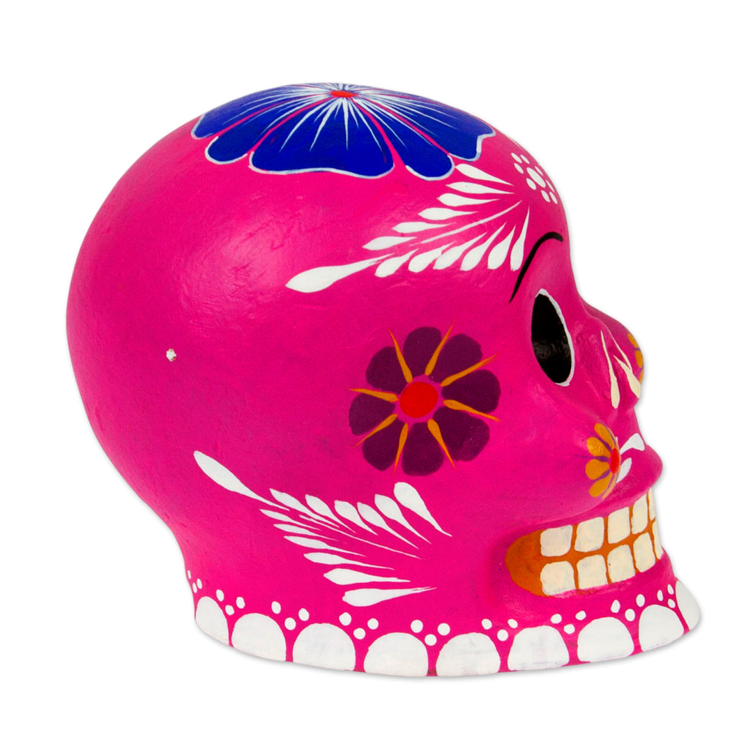 Fuchsia Ceramic Floral Day of the Dead Figurine - Fuchsia Skull with Flowers