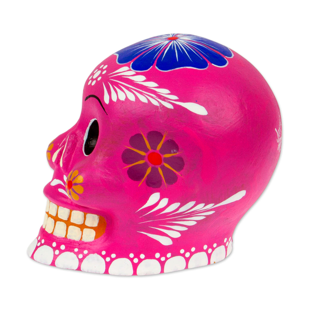 Fuchsia Ceramic Floral Day of the Dead Figurine - Fuchsia Skull with Flowers