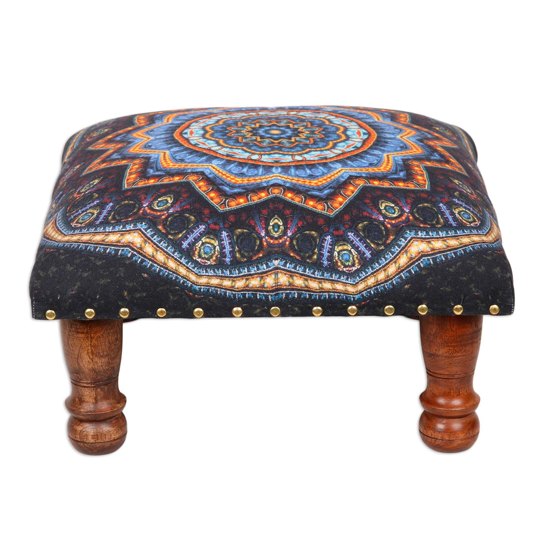 Multicolored Mandala Motif Ottoman with Wood Legs - Floral Ignite