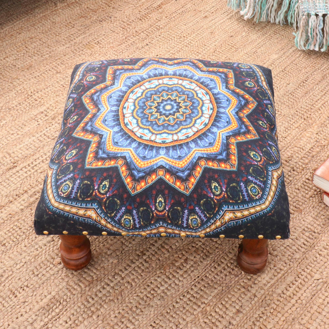 Multicolored Mandala Motif Ottoman with Wood Legs - Floral Ignite