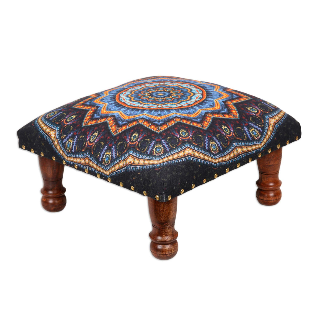 Multicolored Mandala Motif Ottoman with Wood Legs - Floral Ignite