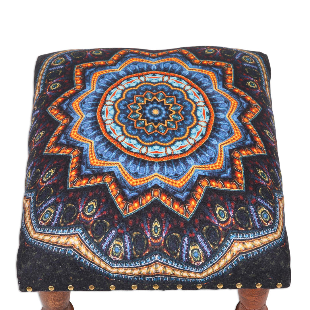 Multicolored Mandala Motif Ottoman with Wood Legs - Floral Ignite