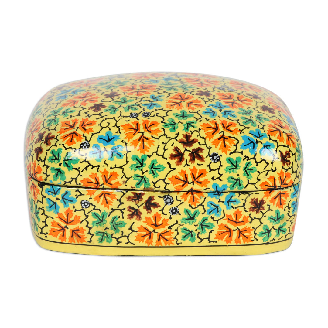 Handmade Yellow Papier Mache Leaf Motif Decorative Box - Buttercup Foliage