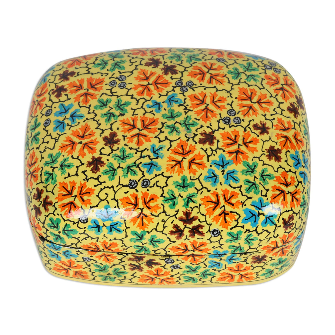 Handmade Yellow Papier Mache Leaf Motif Decorative Box - Buttercup Foliage
