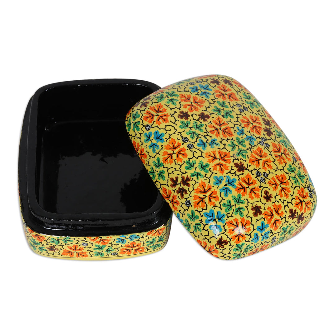 Handmade Yellow Papier Mache Leaf Motif Decorative Box - Buttercup Foliage