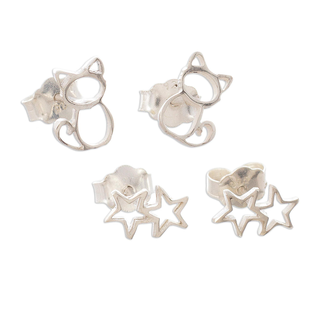Sterling Silver Stud Earrings with Cats and Stars (Pair) - Cats and Stars