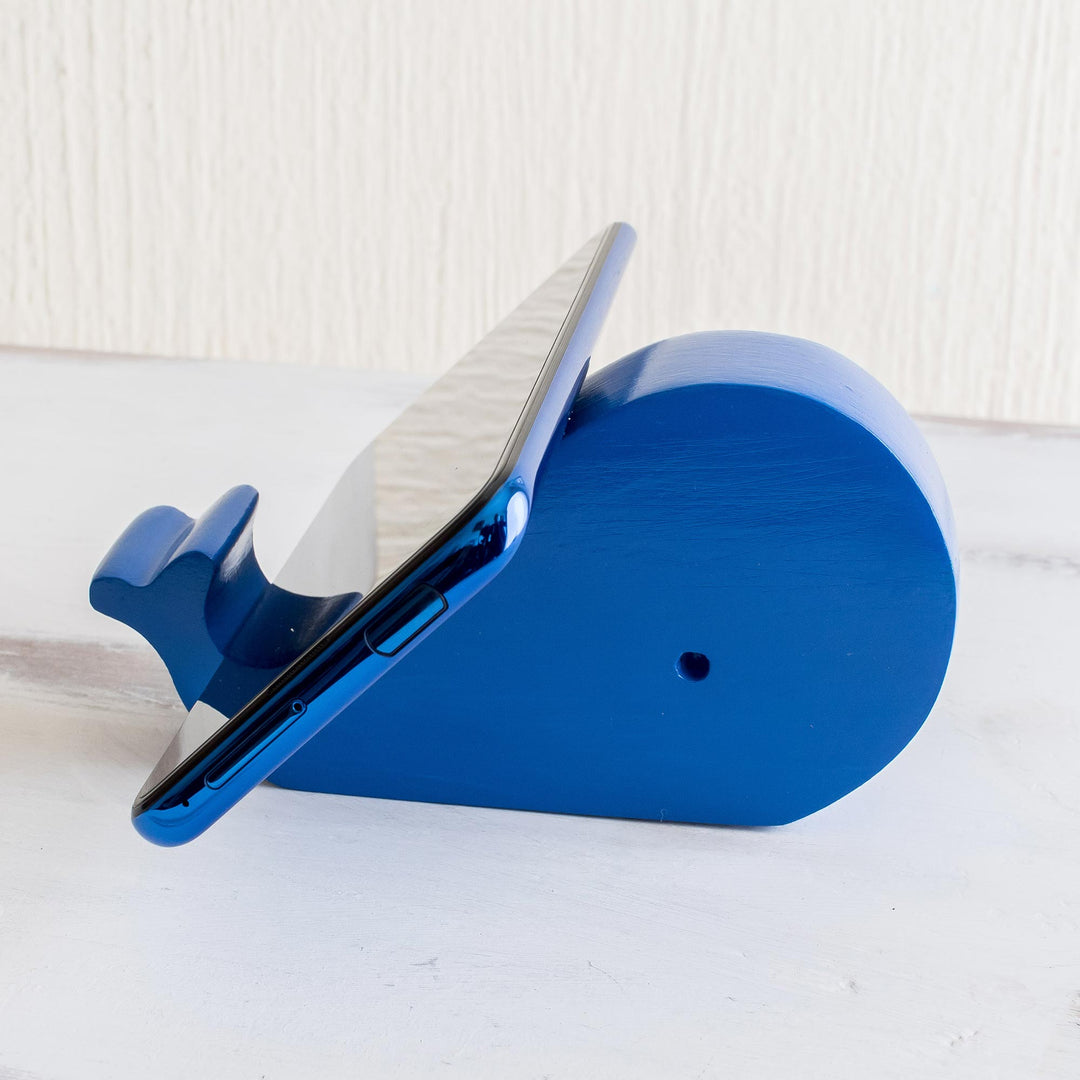Hand-carved Blue Whale Wood Phone Holder From Guatemala - Blue Whale