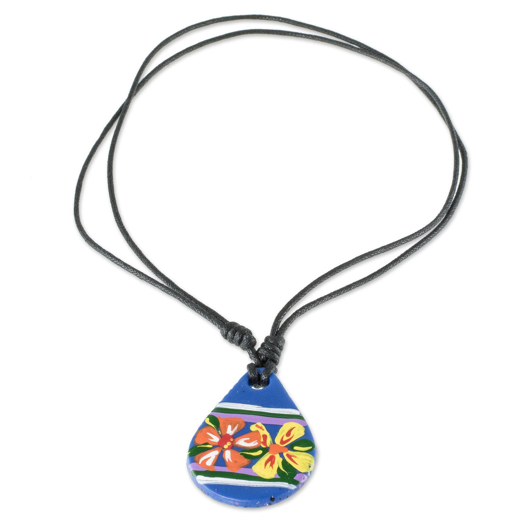 Blue Floral Cold Porcelain Pendant Necklace - Santa Cruz La Laguna
