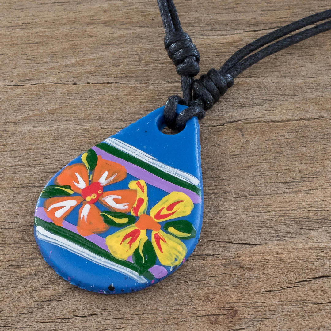 Blue Floral Cold Porcelain Pendant Necklace - Santa Cruz La Laguna