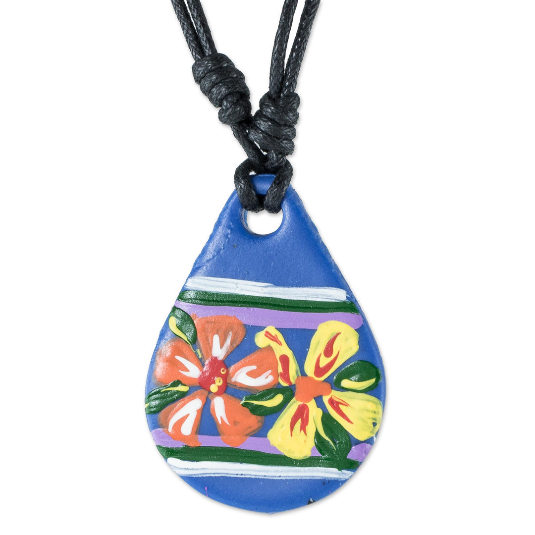 Blue Floral Cold Porcelain Pendant Necklace - Santa Cruz La Laguna