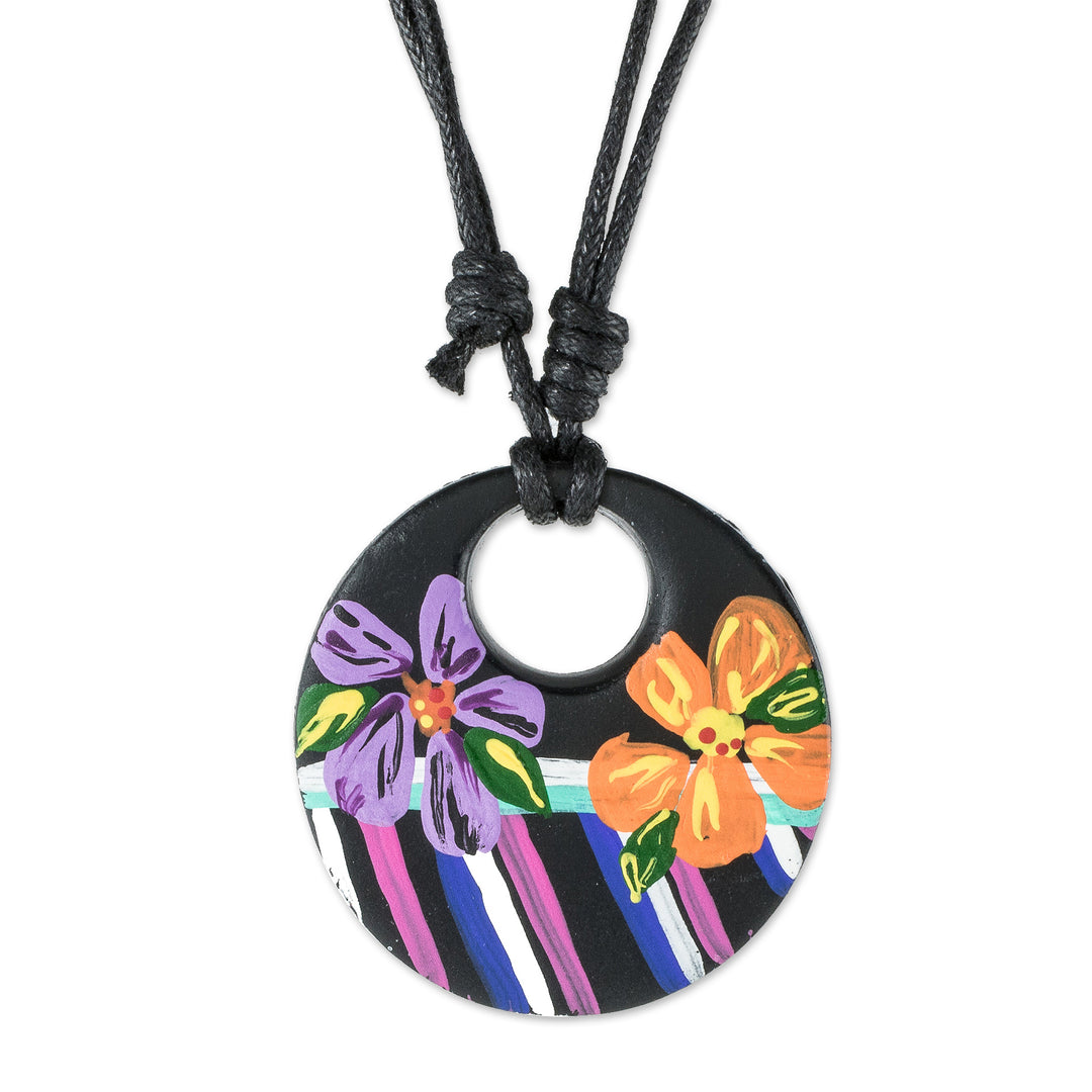 Adjustable Porcelain Pendant Necklace - Atitlan Night Blossoms