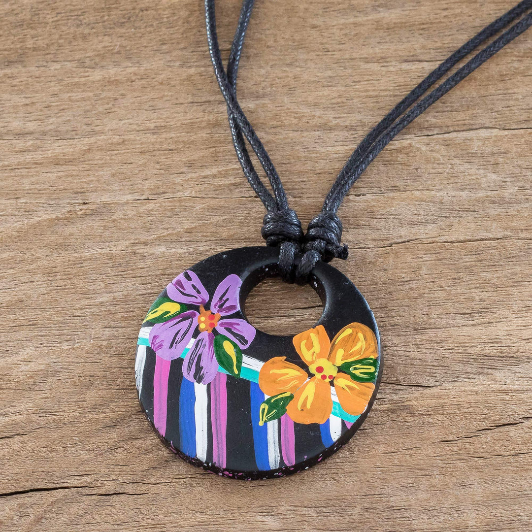Adjustable Porcelain Pendant Necklace - Atitlan Night Blossoms
