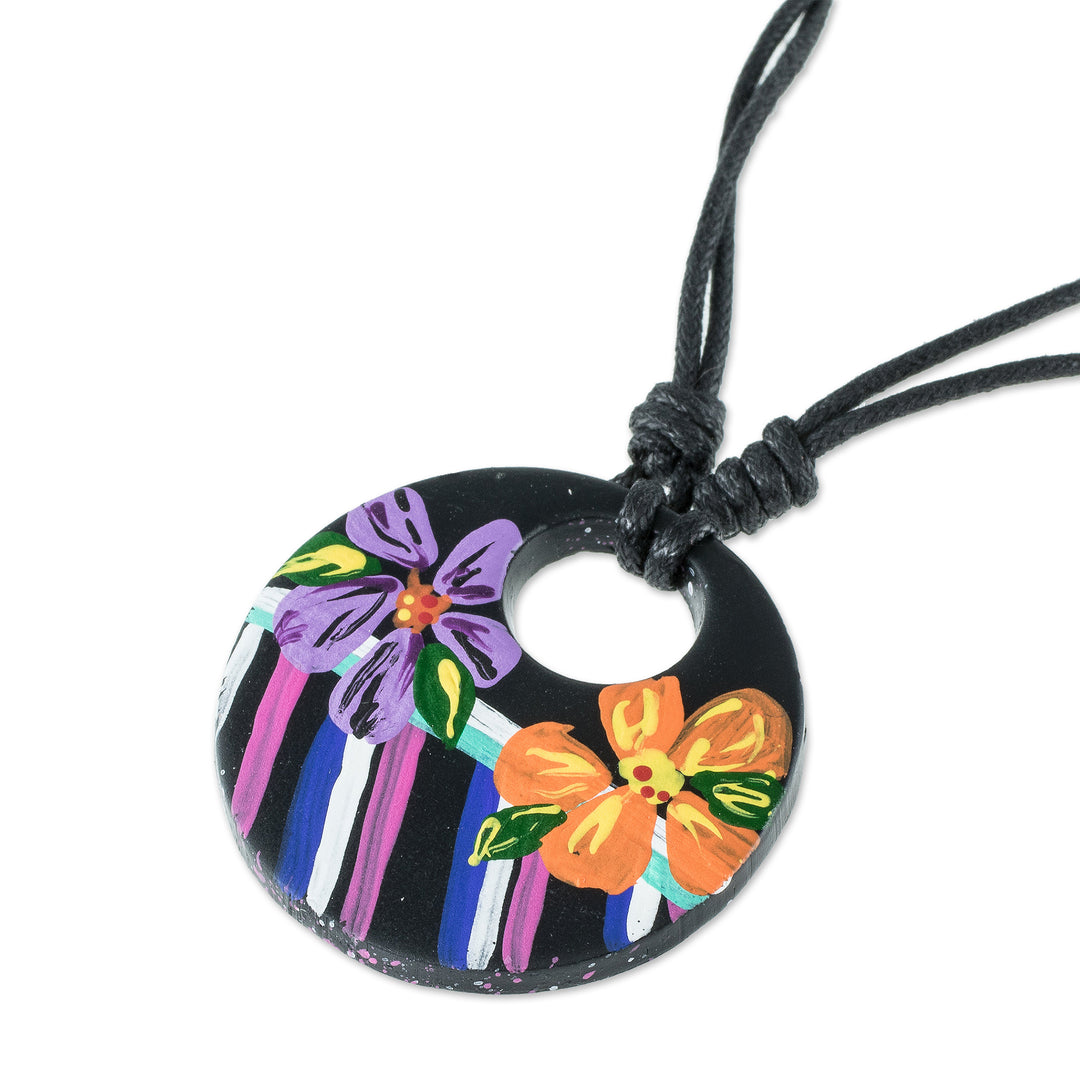 Adjustable Porcelain Pendant Necklace - Atitlan Night Blossoms
