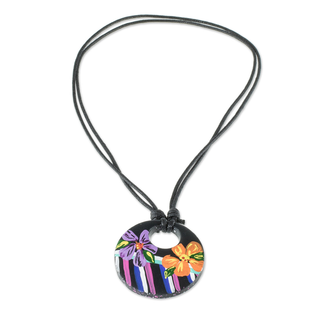 Adjustable Porcelain Pendant Necklace - Atitlan Night Blossoms