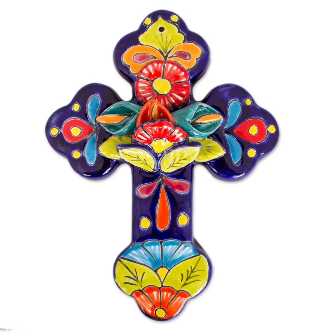 Hand-Painted Talavera-Style Ceramic Wall Cross from Mexico - Alcatraz Beauty