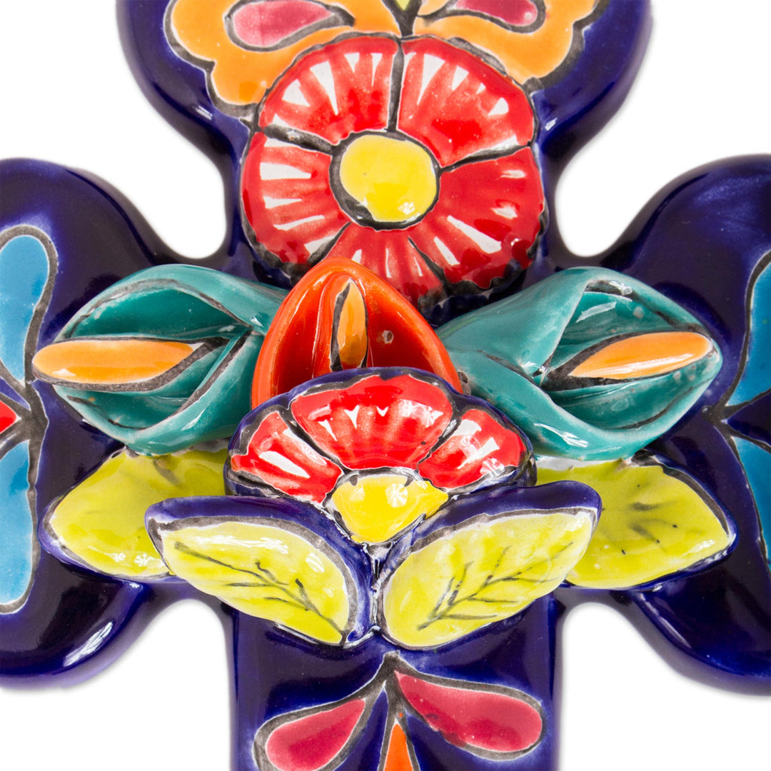 Hand-Painted Talavera-Style Ceramic Wall Cross from Mexico - Alcatraz Beauty