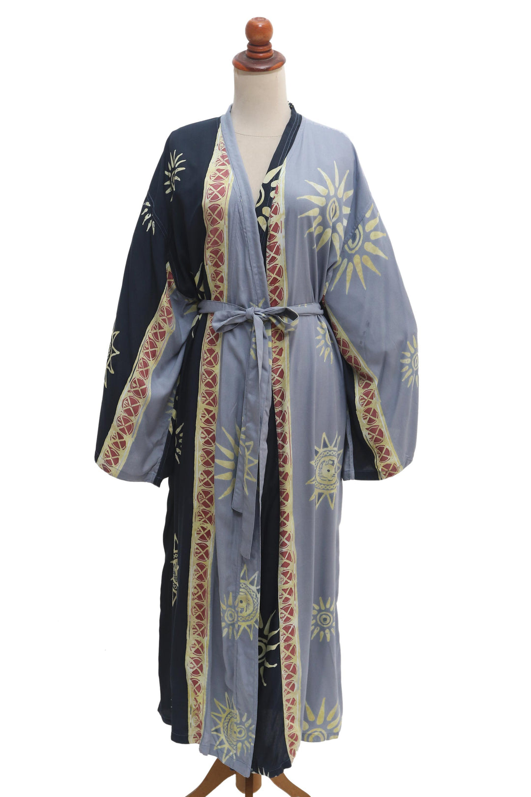 Belted Batik Rayon Robe from Bali - Chakra Burst