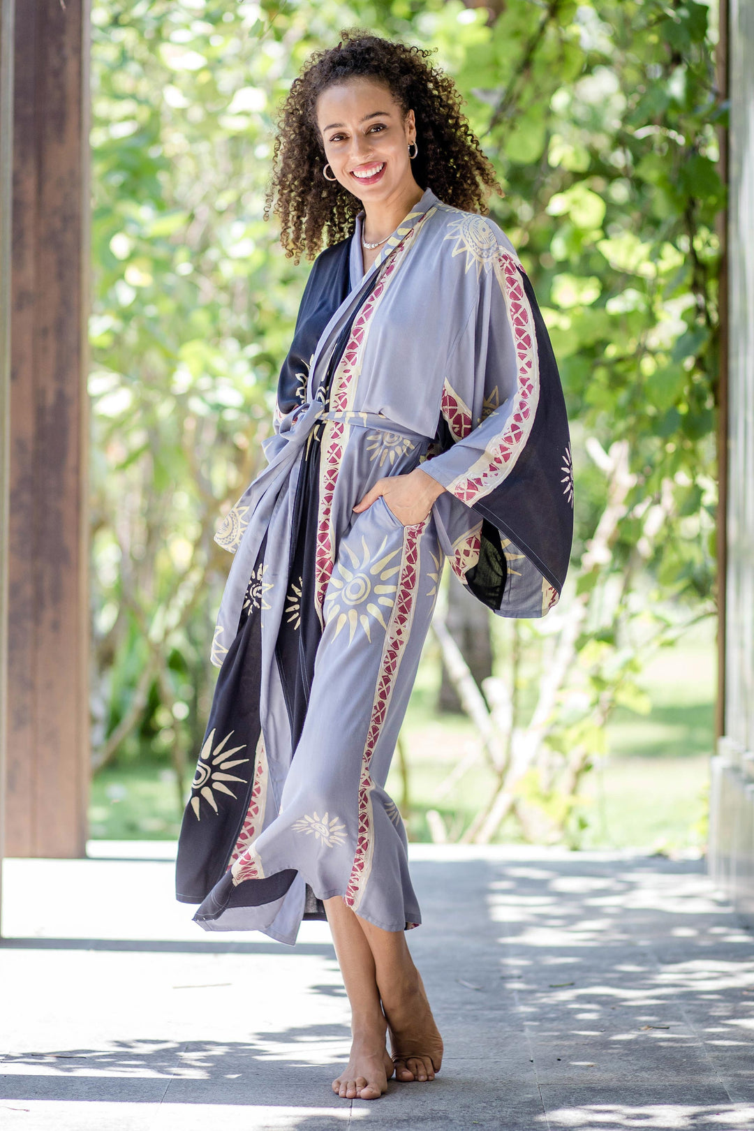 Belted Batik Rayon Robe from Bali - Chakra Burst